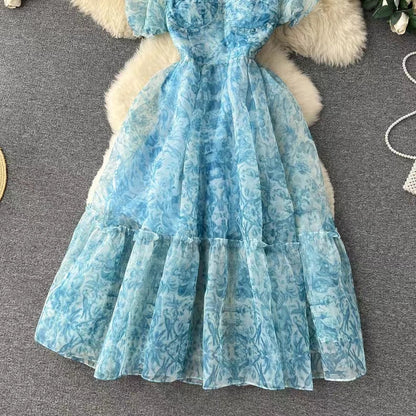 New French Audrey Hepburn Style Puff Sleeve Organza Floral Ball Gown TP2860