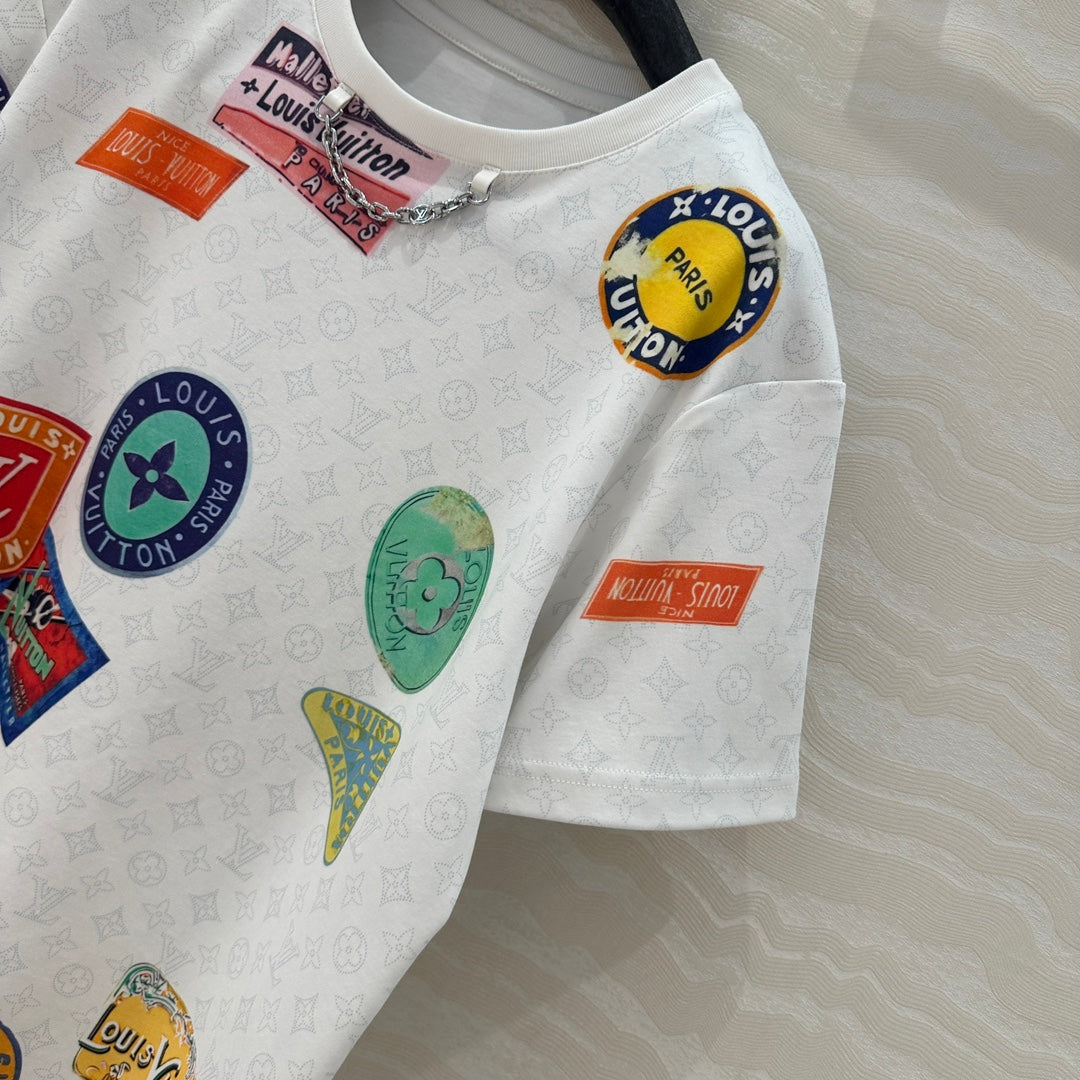 LV Pattern Logo Positioning Poster Badge Printed T-shirt White Cotton