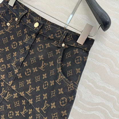 LV 25 Classic Logo Denim Skirt Black Cotton