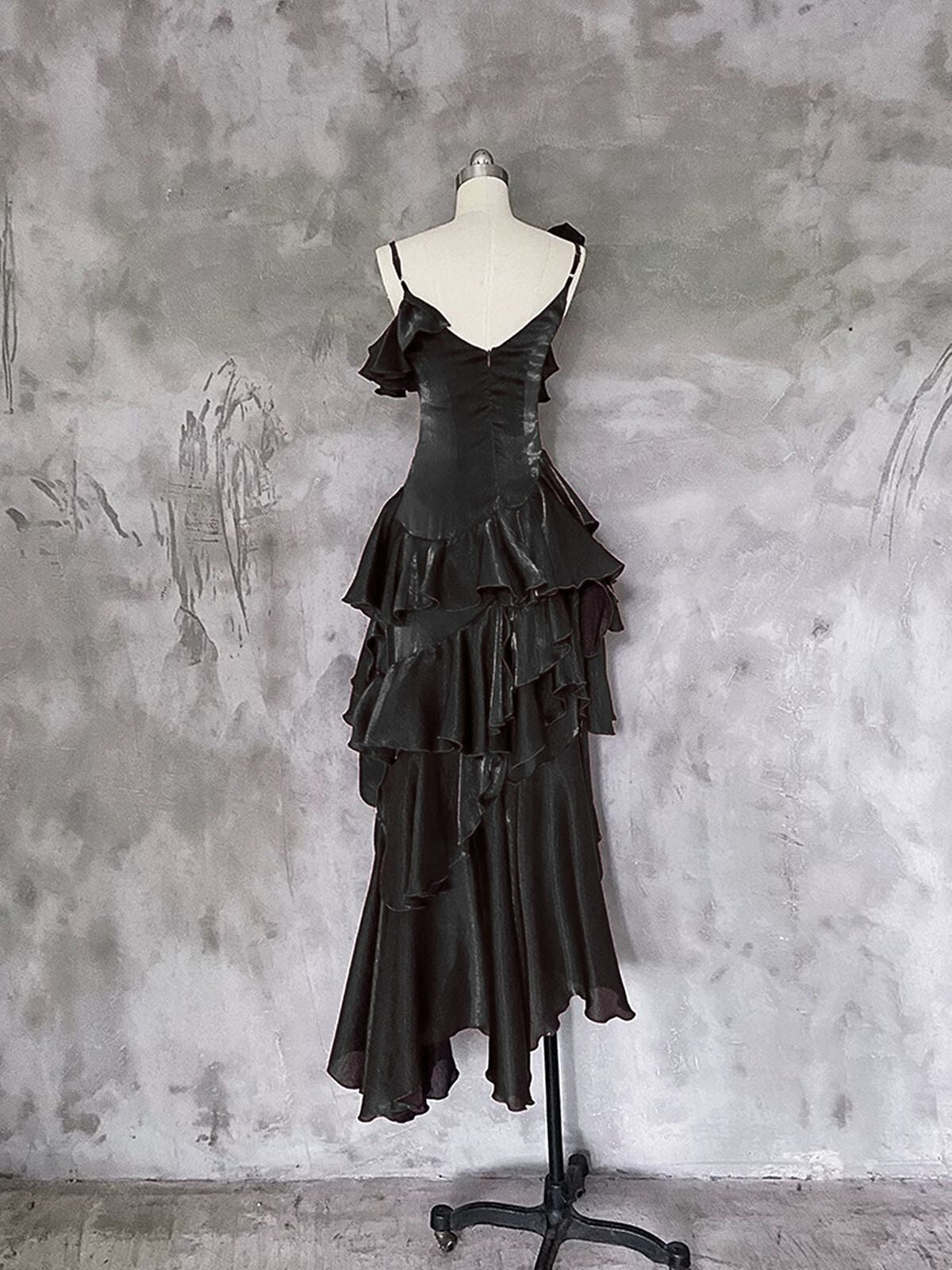 Black Gothic High Low Party Dress Prom Dress, Black Satin Chic Formal Dress