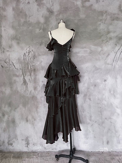 Black Gothic High Low Party Dress Prom Dress, Black Satin Chic Formal Dress