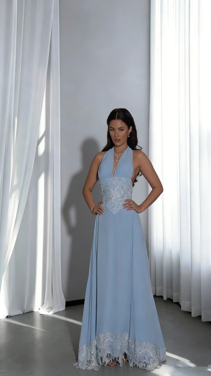 Classy Blue Halter Chiffon Lace Beaded Mermaid Evening Dress Backless Long Prom Gowns SP1814