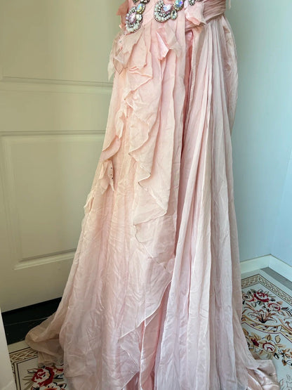 Vintage Pink A-line Rhinestone Beaded Chiffon Long Prom Dress Evening Dress P4203