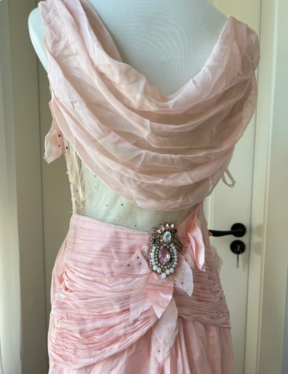 Vintage Pink A-line Rhinestone Beaded Chiffon Long Prom Dress Evening Dress P4203