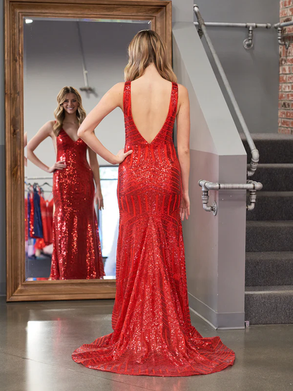 omberprom Fashion Mermaid Evening Dress Deep V Neck Sequins Prom Dress