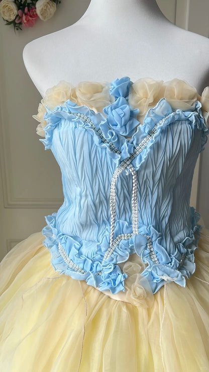 Dreamy Blue and Yellow Color-blocked Strapless Tulle Ball Gown Evening Dress Sweet 16th Dress P4204