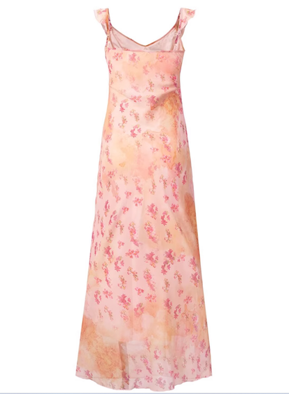 2025 summer new pink floral gentle style small flying sleeve waist lace dress R0954