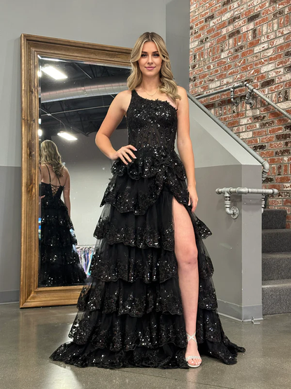 omberprom Sheath One Shoulder Evening Dress Tiered Lace Long Prom Dress