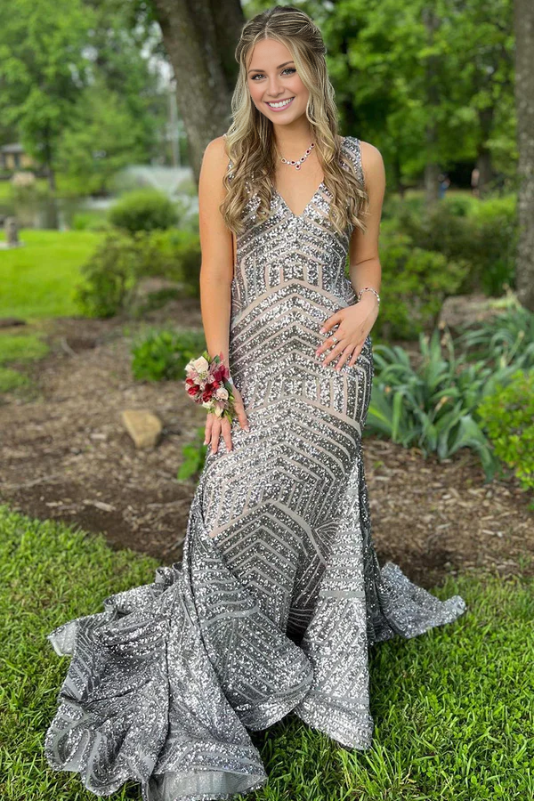 omberprom Fashion Mermaid Evening Dress Deep V Neck Sequins Prom Dress