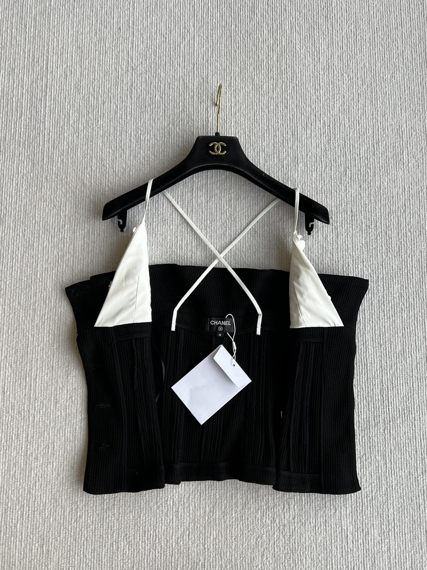 CC 25 Splicing Tube Top Camisole Black and White Mixed Fiber Waffle Jacquard Fabric 275554