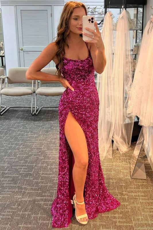 PM389,Sparkle Purple Sequined Prom Dresses,High Split Evening Formal Gown