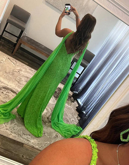 omberprom Fashion Mermaid Evening Dress V Neck Sequin Prom Dress with Slit