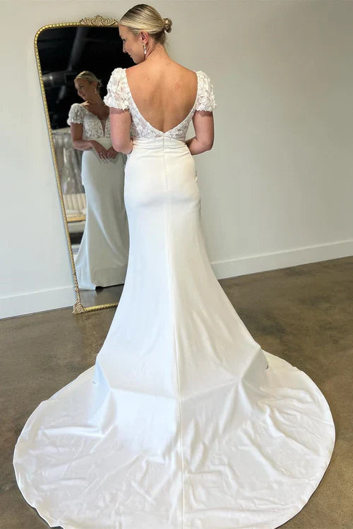 omberprom Elegant Floral Applique Plunge V Long Wedding Dress with Short Sleeves