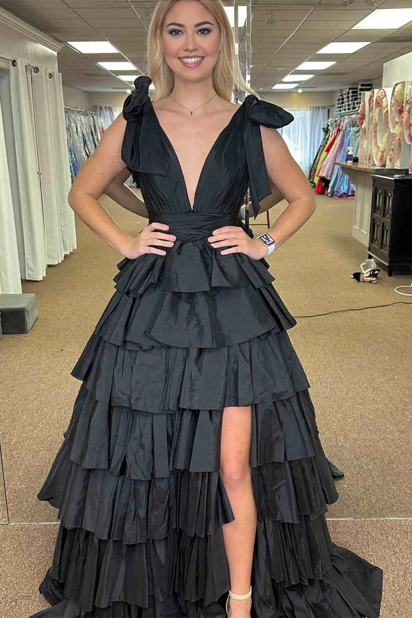 omberprom Plunging Prom Dresses V-Neck Evening Dress Fuchsia Bow Straps Ruffle Ball Gown