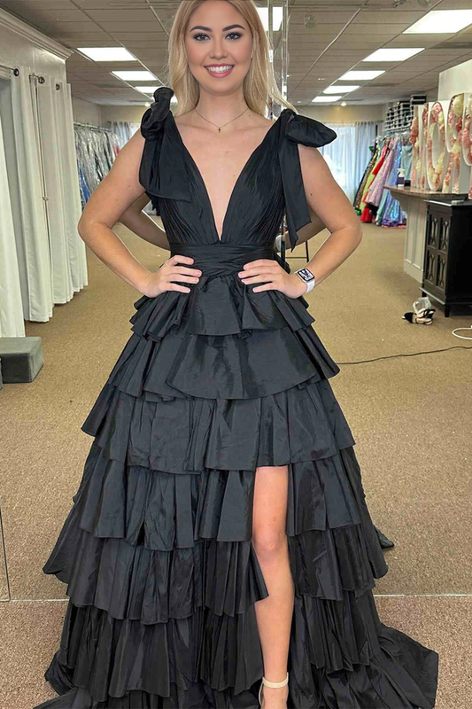 omberprom Plunging Prom Dresses V-Neck Evening Dress Fuchsia Bow Straps Ruffle Ball Gown