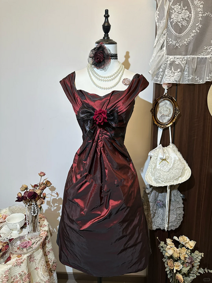 Dark red elegant temperament waist A-line slim short skirt homecoming dress R4241