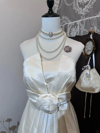 White satin tube top waist slim fit pleated long skirt homecoming dress R4363