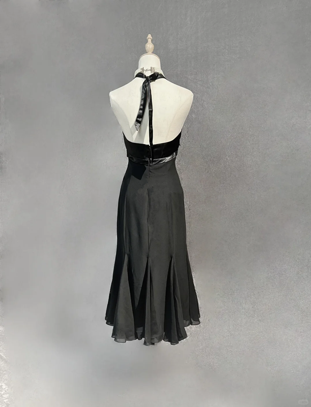 Black halter neck slim waist mid-length skirt homecoming dress R4932