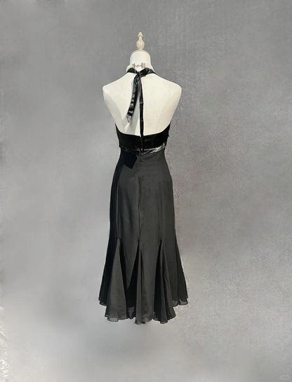 Black halter neck slim waist mid-length skirt homecoming dress R4932