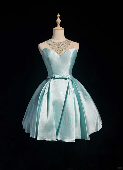 Lake blue round neck sheer diamond neckline waist slim fit princess short dress homecoming dress R4892