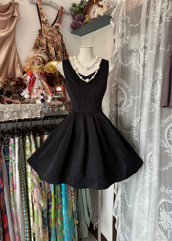 Black sleeveless fitted A-line maxi dress, ball gown R6344
