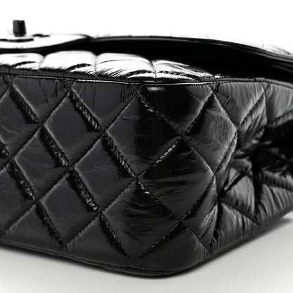 Shiny Distressed Calfskin Quilted Jumbo Double Flap So Black