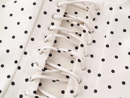 2025 Summer New Apricot Polka Dot Waist Square Neck A-line Short Suspender Dress R0907