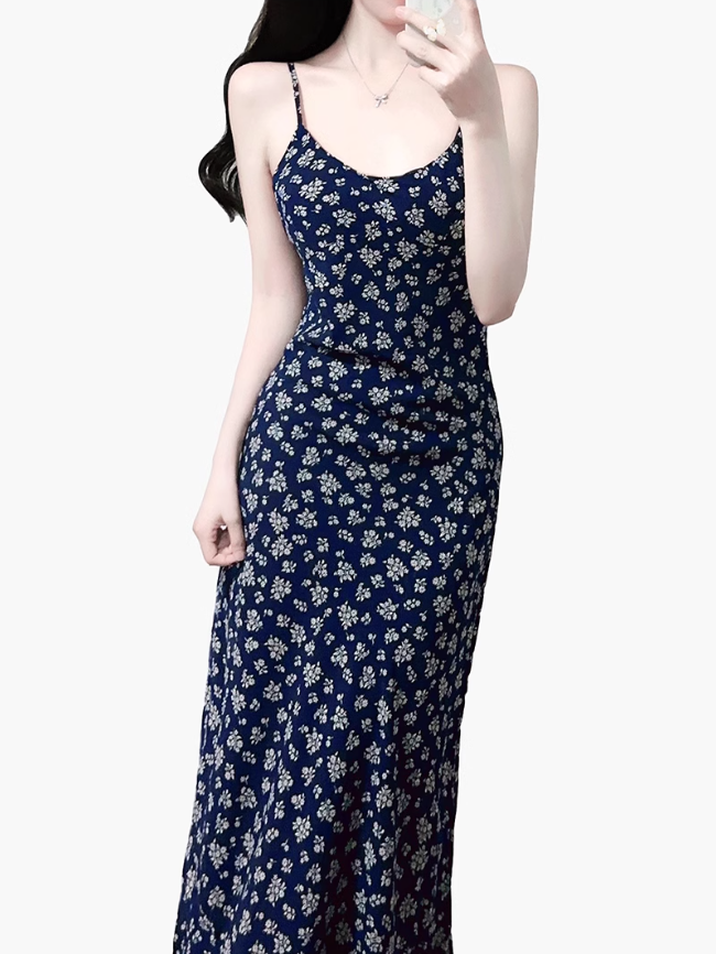 2025 Summer New Blue Floral Retro Backless Waist Long Suspender Dress R0909