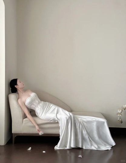 Elegant White Mermaid Sweetheart Neckline Lace Satin Long Wedding Dress P4021