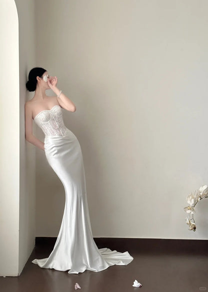 Elegant White Mermaid Sweetheart Neckline Lace Satin Long Wedding Dress P4021