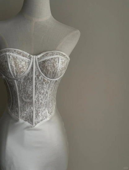 Elegant White Mermaid Sweetheart Neckline Lace Satin Long Wedding Dress P4021