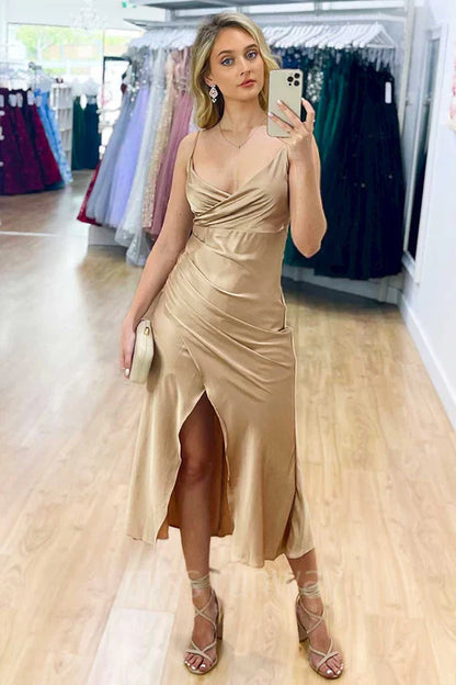 omberprom Fashion Simple Evening Dress V-Neck Champagne Midi Prom Dress