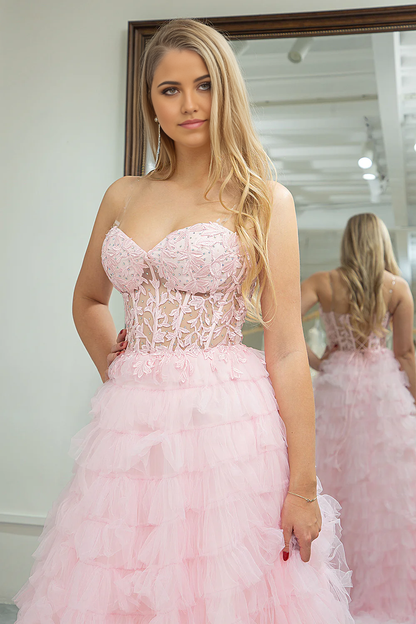 omberprom Princess Pink A Line Evening Dress Sweetheart Pleated Tiered Long Prom Dress