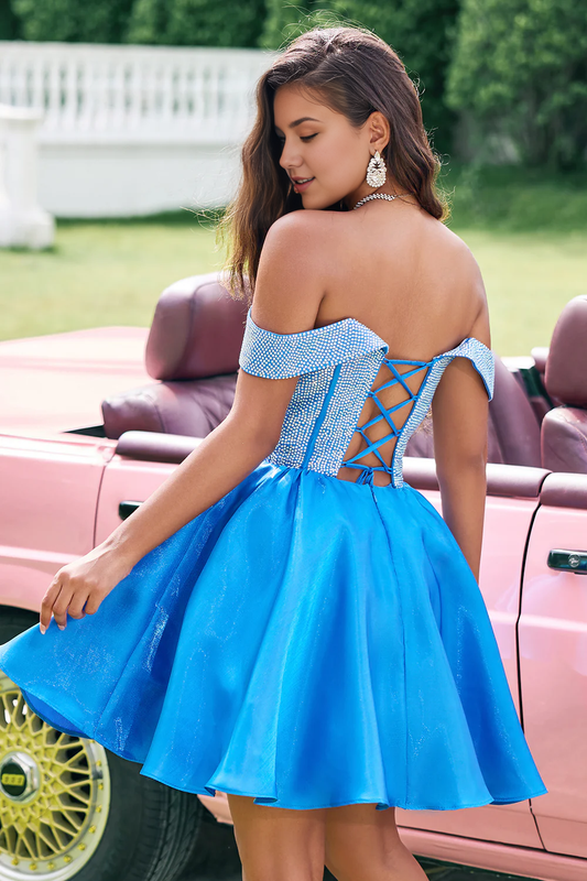 omberprom A Line Homecoming Dress Sparkly Blue Off The Shoulder Corset Short Cutewith Beading