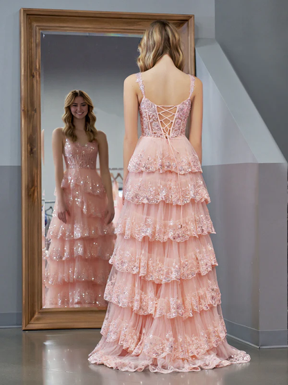 omberprom Pink Princess A Line Evening Dress Off the Shoulder Corset Prom Dress with Lace Ruffles