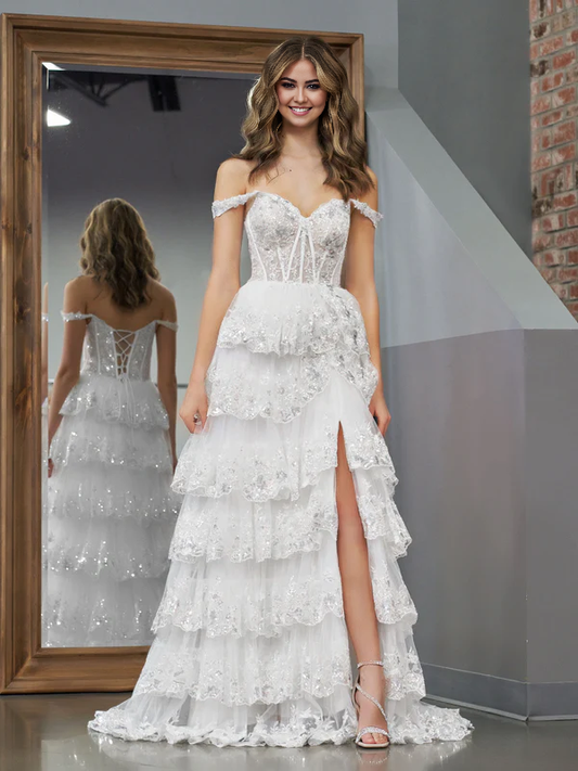 omberprom Princess A Line Evening Dress Off the Shoulder Corset Prom Dress with Lace Ruffles