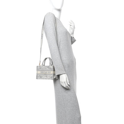 Canvas Embroidered Toile De Jouy Reverse Mini Book Tote With Strap Grey