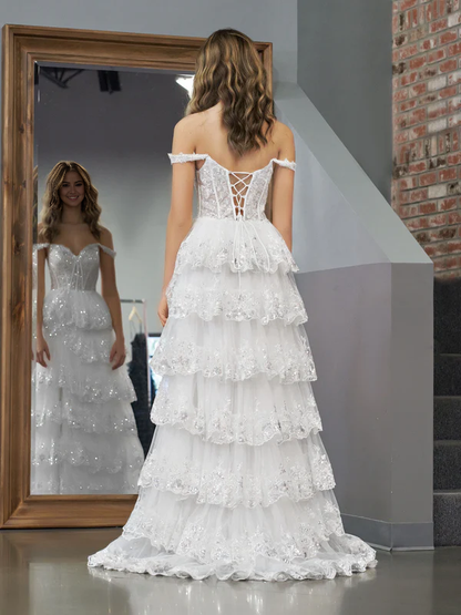 omberprom Princess A Line Evening Dress Off the Shoulder Corset Prom Dress with Lace Ruffles