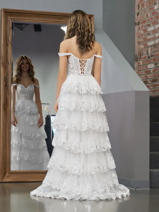 omberprom Princess A Line Evening Dress Off the Shoulder Corset Prom Dress with Lace Ruffles