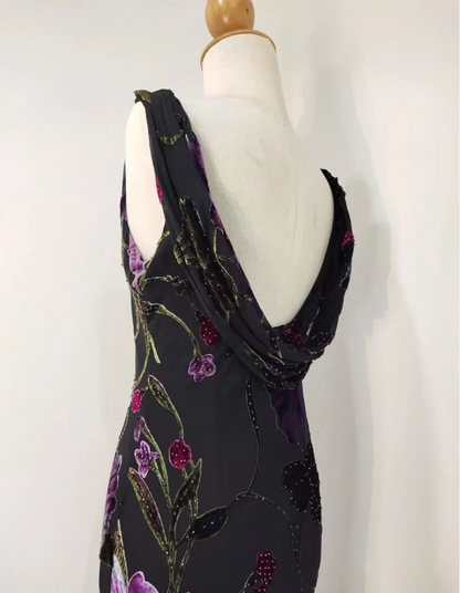 Retro Black Mermaid Neckline Embroidered Floral Backless Chiffon Long Prom Dress Evening Dress P4218