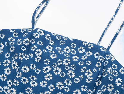 2025 Summer New Blue Floral Daisy Holiday Short Suspender Dress R0968