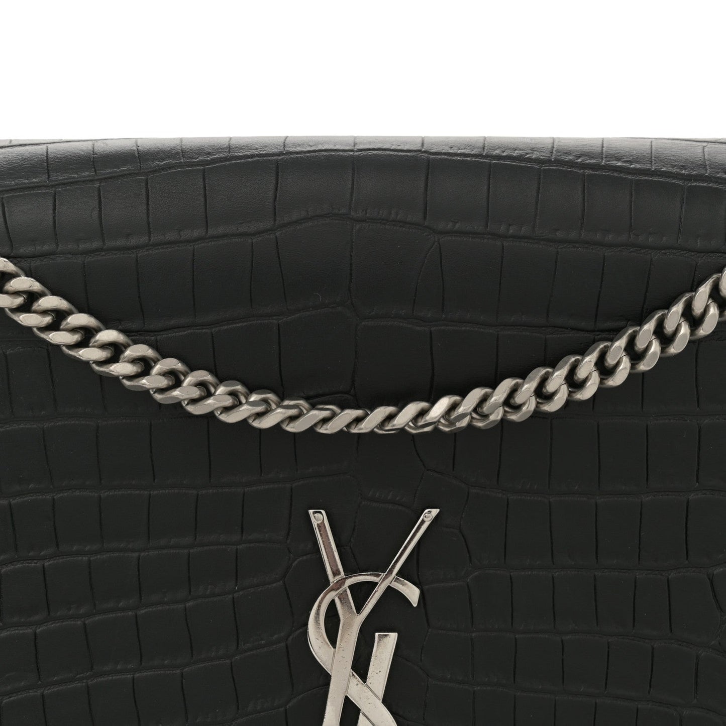 Calfskin Crocodile Embossed Large Classic Monogram Kate Satchel Black
