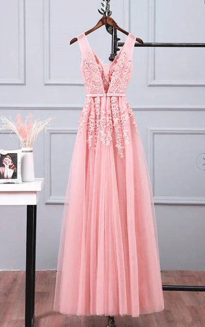 omberprom Tulle A-line Simple Long Party Dress Prom Dress Evening Dress V-neck with Appliques Wholesale