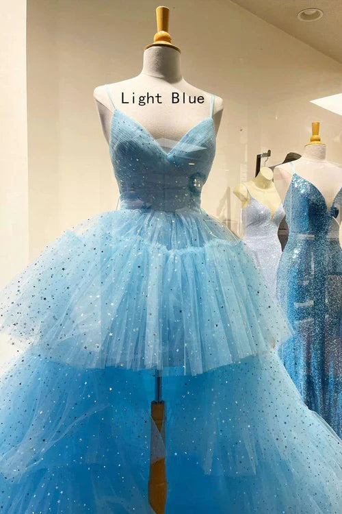 omberprom Fashion Glitter Evening Dress Hi-Low Lavender Tiered Tulle Prom Dress