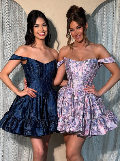 Navy Blue Off-the-Shoulder Floral Jacquard Homecoming Dress with Ruffle Hem