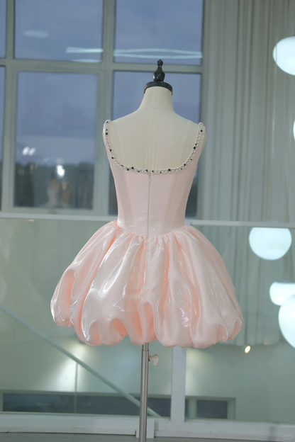Pink Strap Diamond Satin Waisted Flower Bud Tutu Skirt Homecoming Dress R4166