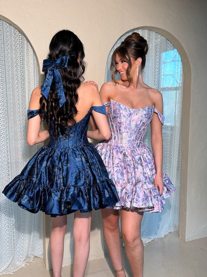 Fairy-like Purple A-Line Strapless Short Print Homecoming Party Dress