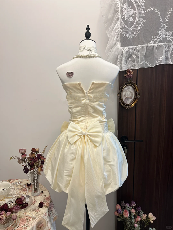 White satin tube top waist bow bud skirt short skirt homecoming dress R4324