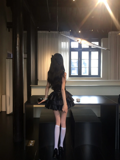Black suspender satin waist slim cake skirt short skirt homecoming dress R5093