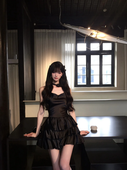 Black suspender satin waist slim cake skirt short skirt homecoming dress R5093